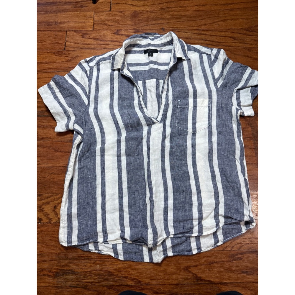 J.Crew Women Blue White Striped 100% Linen Short Sleeve V-Neck Tunic Top Size S